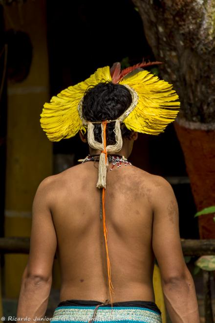 Imagem de um índio de costas na Aldeia Indígena em Porto Seguro.